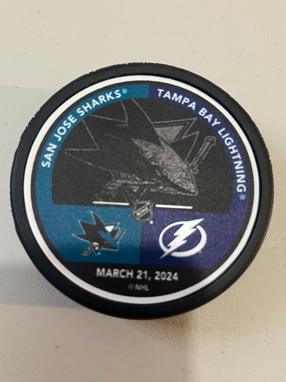 San Jose Sharks vs. Tampa Bay Lightning Game Day Puck 3/21/2024